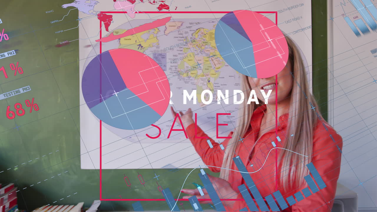 animación de estadísticas y procesamiento de datos sobre texto de venta de cyber monday y maestra.