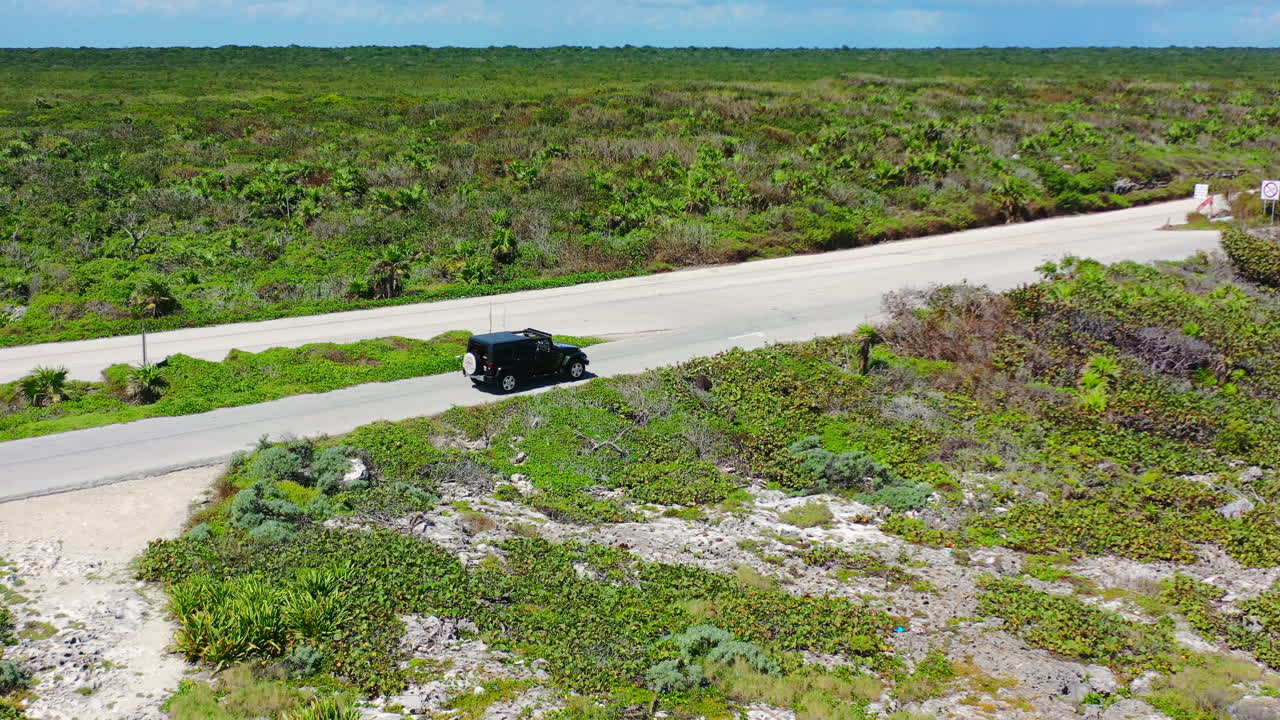 todoterreno conduciendo por una carretera vacía de la isla llena de exuberante vegetación en cozumel méxico, antena