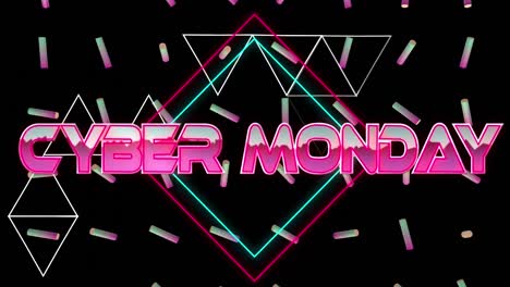 Animation-Des-Cyber-Monday-über-Geometrische-Formen-Und-Bunte-Rollen-Auf-Schwarzem-Hintergrund