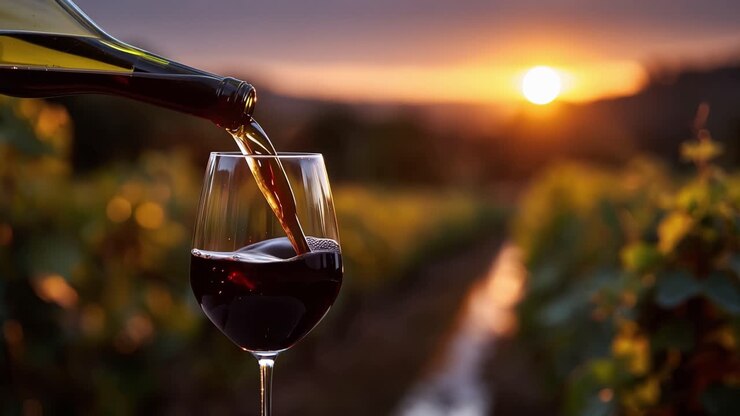 O pôr do sol ilumina as fileiras de vinhedos. Vinho é derramado na taça com movimento suave. O líquido vermelho intenso capta a luz dourada. Cena serena, ambiente tranquilo. Perfeito para temas de estilo de vida de luxo ou relaxamento.