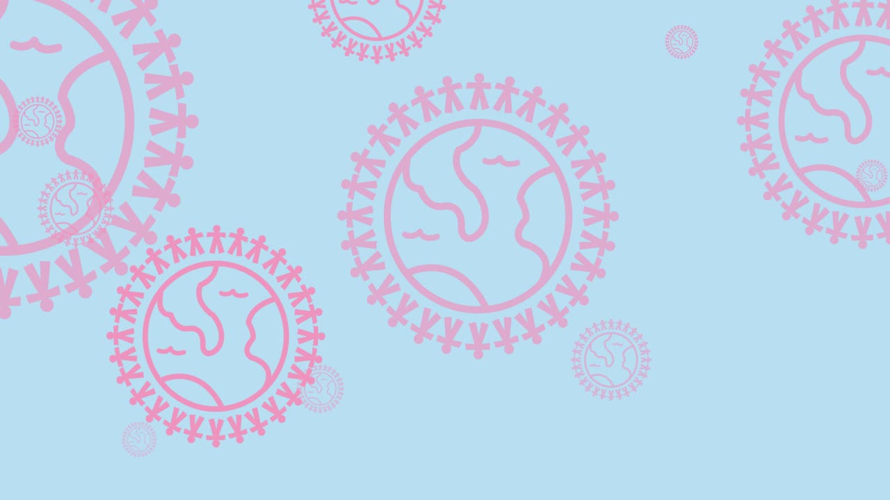 animación de varios logotipos de globos rosados volando sobre un fondo azul