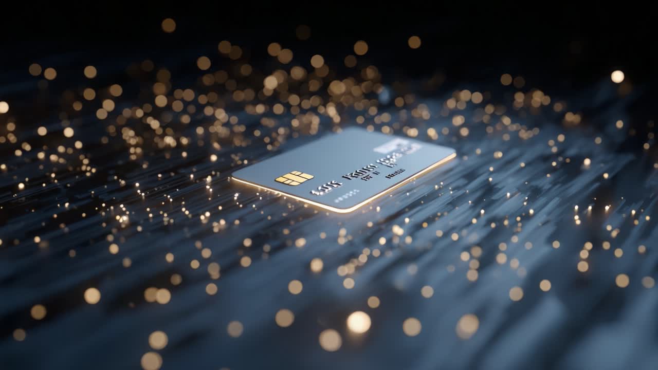 Stylish silver credit card with a gold chip sitting on a dark, technological surface with glowing golden particles, symbolizing a fast and secure digital financial transaction process