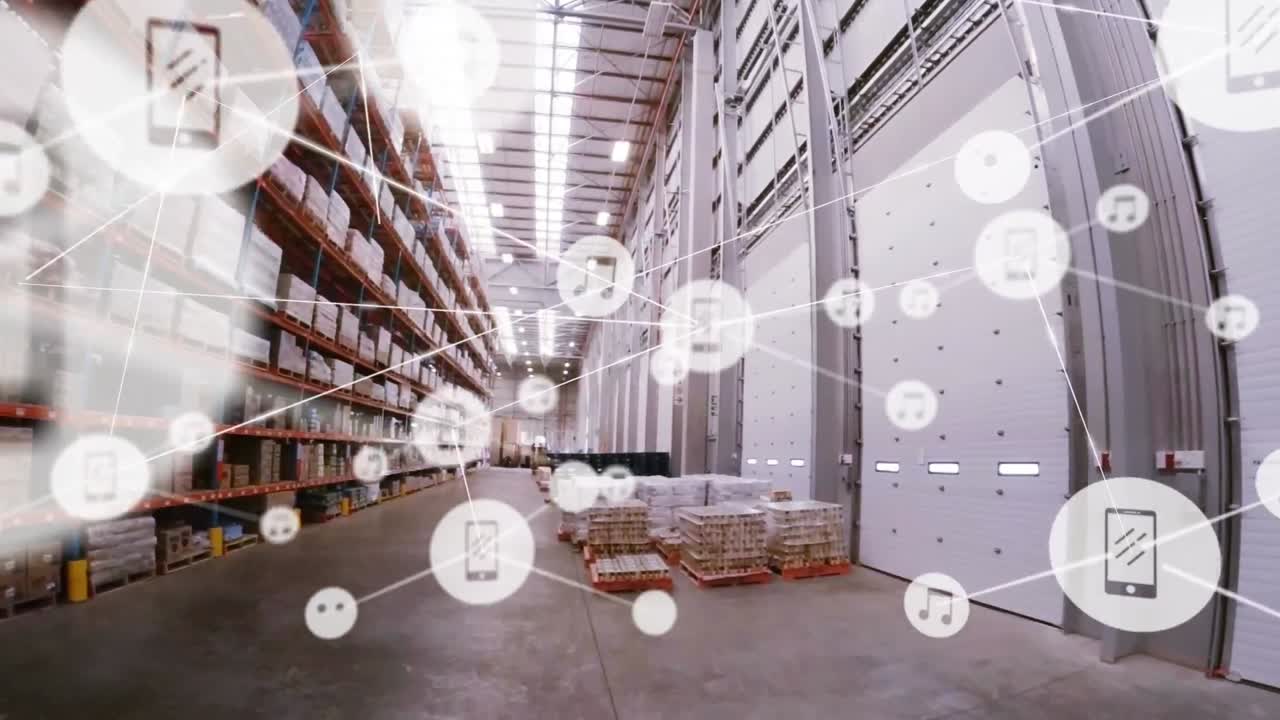 animación de redes de conexiones con iconos sobre el almacén