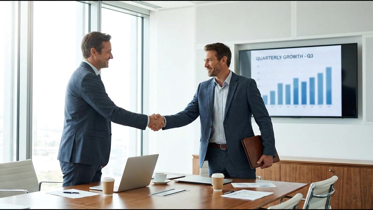 Due uomini d'affari che si stringono la mano dopo una riunione di successo in un ufficio moderno