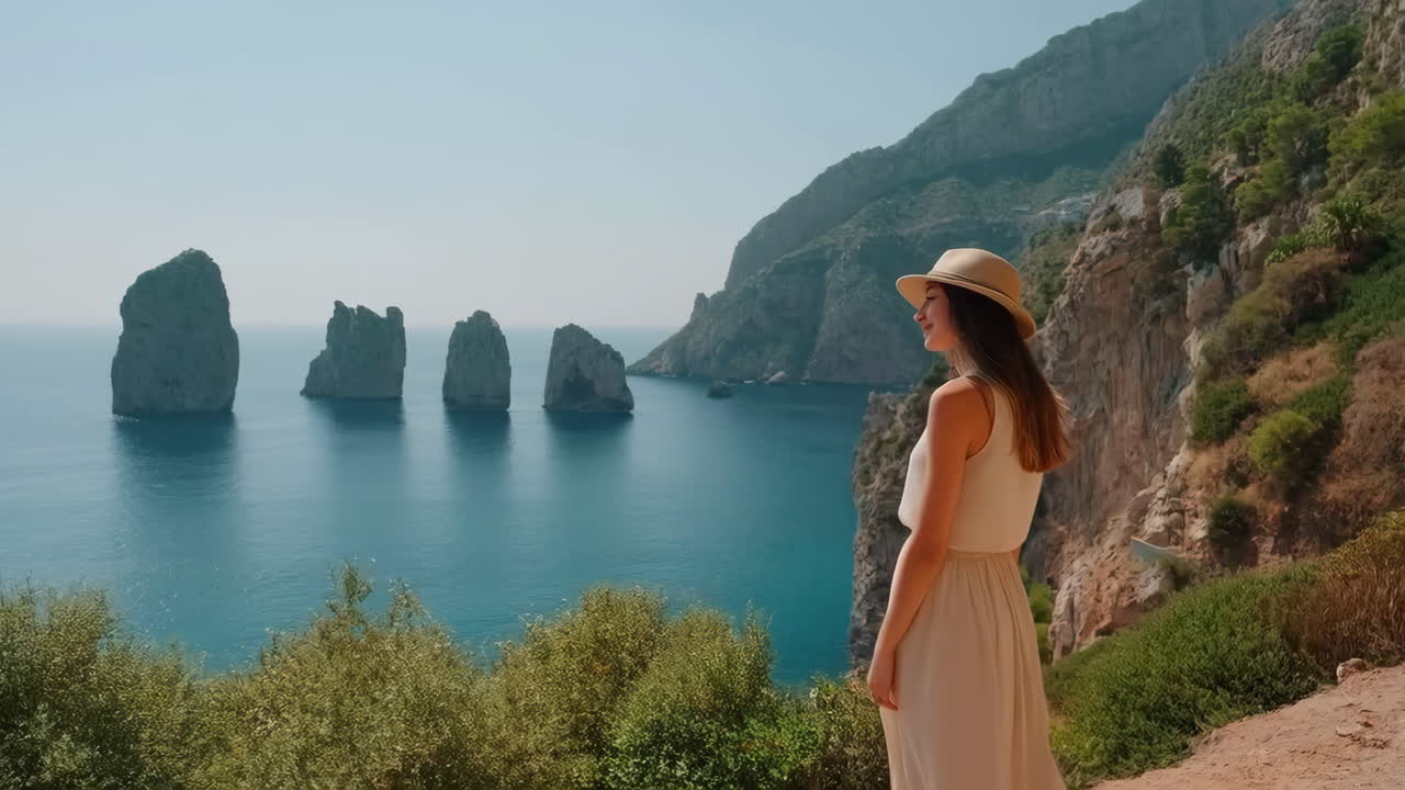 Woman admiring the scenic view of the Faraglioni rock formations in Capri, Italy
