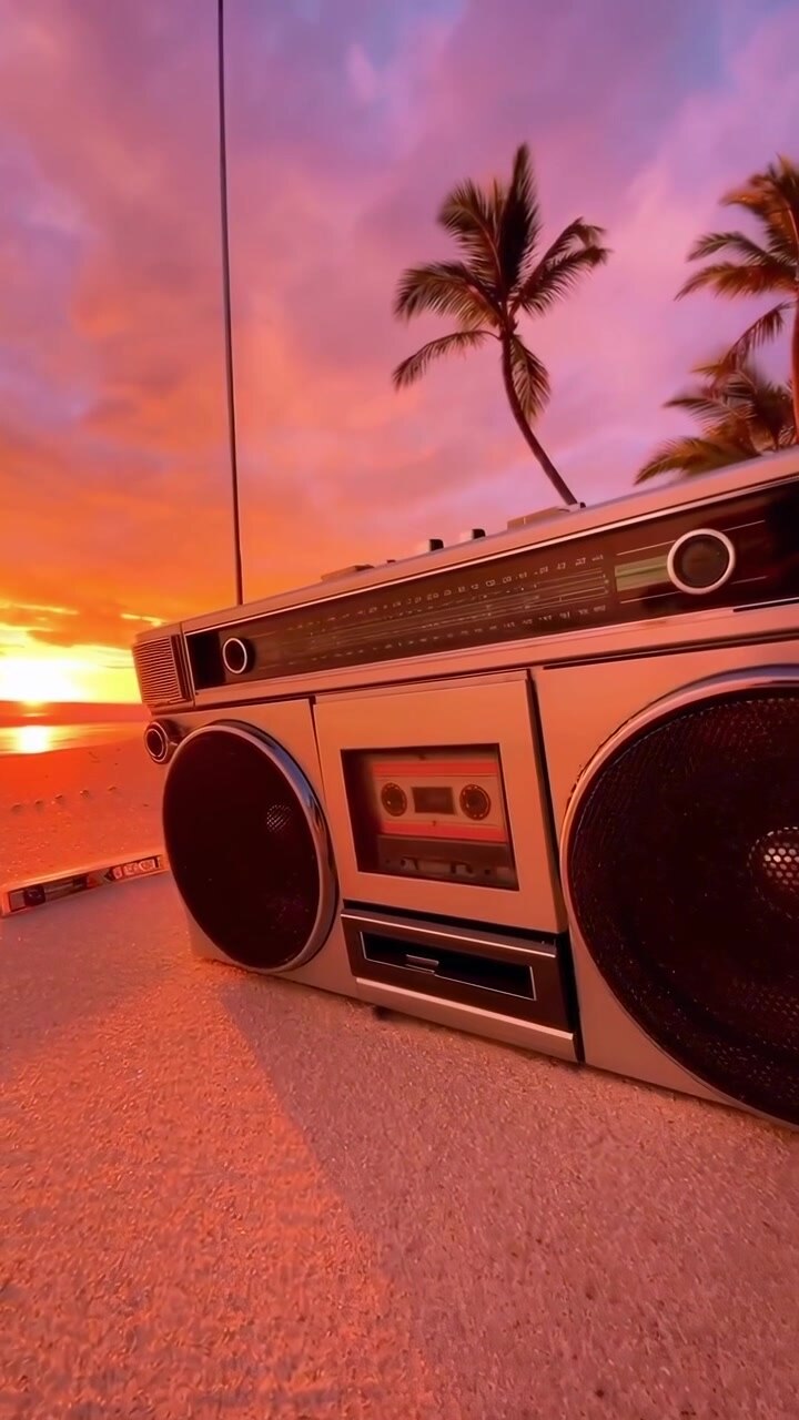 Boombox retrò su una spiaggia tropicale al tramonto