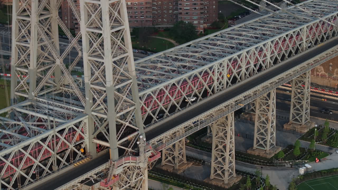 Aerial view of the Williamsburg Bridge at sunrise