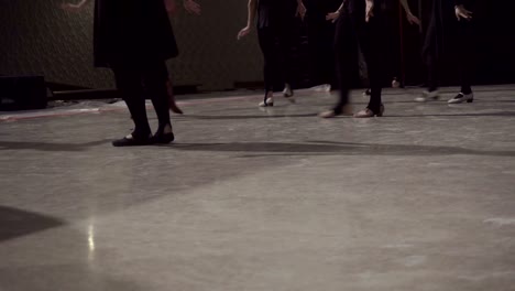 close up of lined-up female dancing feet on stage.