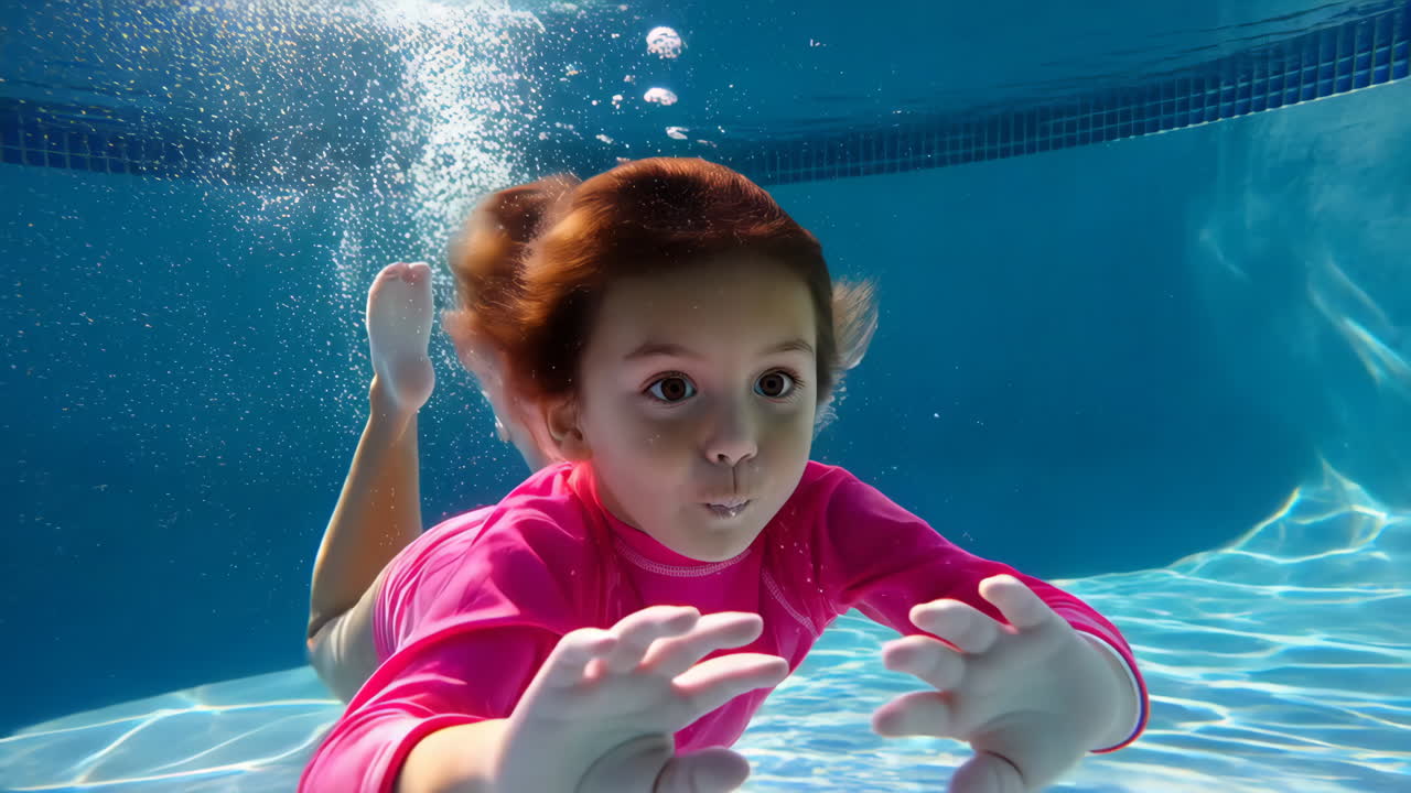 A young girl swims underwater in a pool