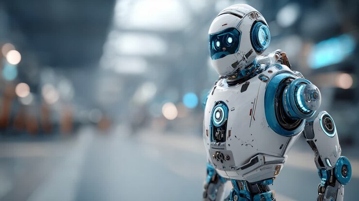 Design futuristico di robot che mette in mostra tecnologia avanzata ed estetica elegante in un ambiente moderno, sottolineando il ruolo della robotica nell'innovazione e nell'industria