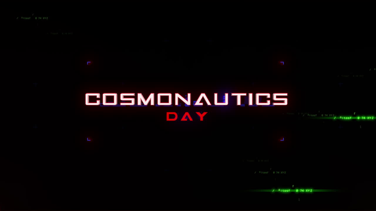 Insegna al neon futuristica per la Giornata della Cosmonautica illuminata con colori vivaci.