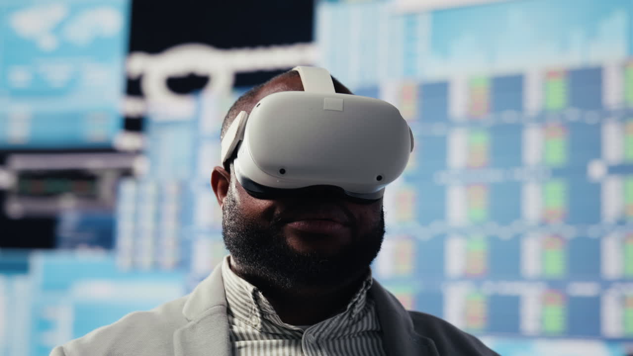 African american entrepreneur using VR headset to review infographics