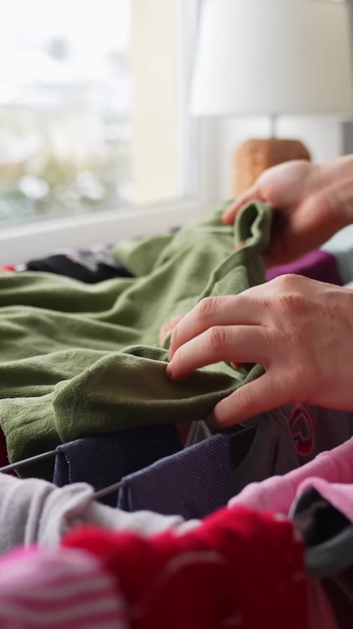 Vertical close-up of adult hands removing green kids clothes from drying rack by window, folding and putting away clean laundry at home. Cozy family housekeeping routine