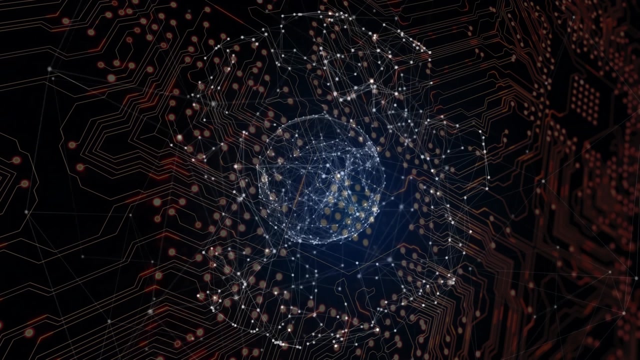 Drifting glowing points initiating threads forming rotating sphere illustrating data connectivity