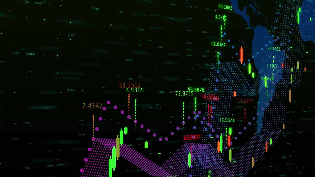 animación del procesamiento de datos financieros sobre el mapa del mundo