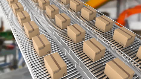 animación de cajas de cartón que se mueven en cintas transportadoras en el almacén