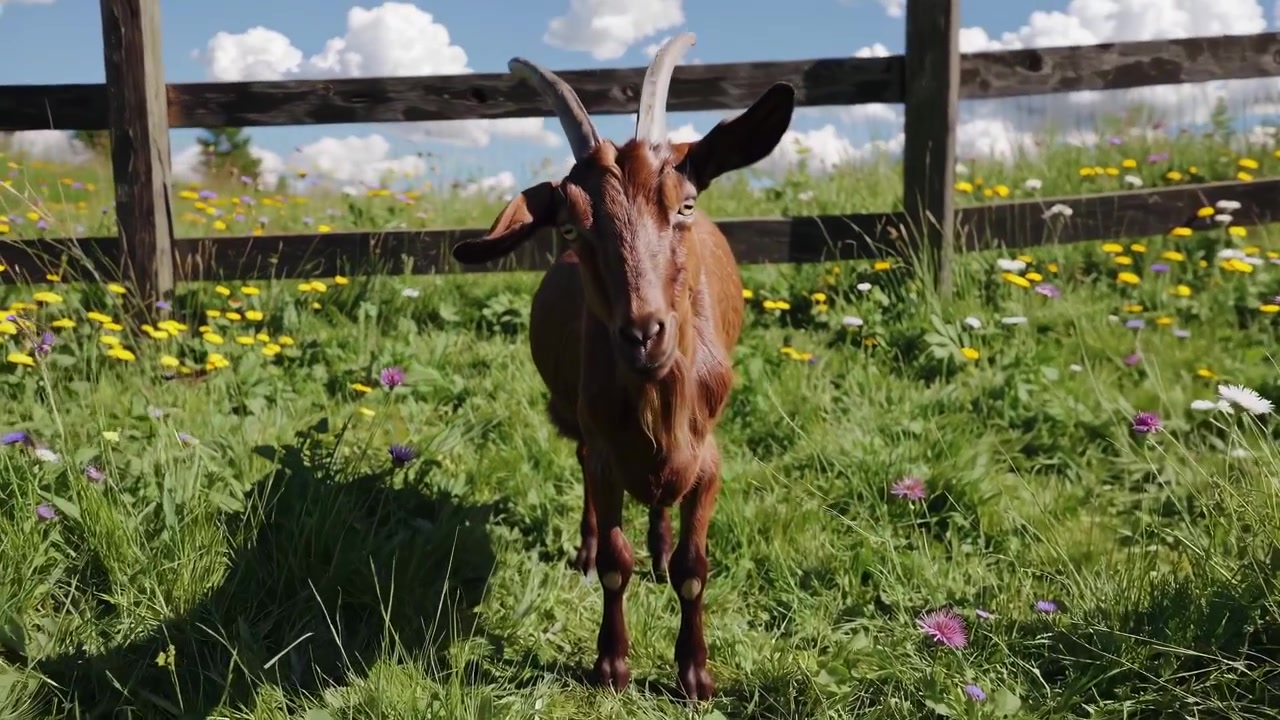 Capra marrone che pascola in un prato soleggiato