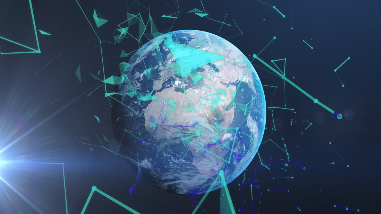 Animation of networks of connections and triangles over globe on blue background