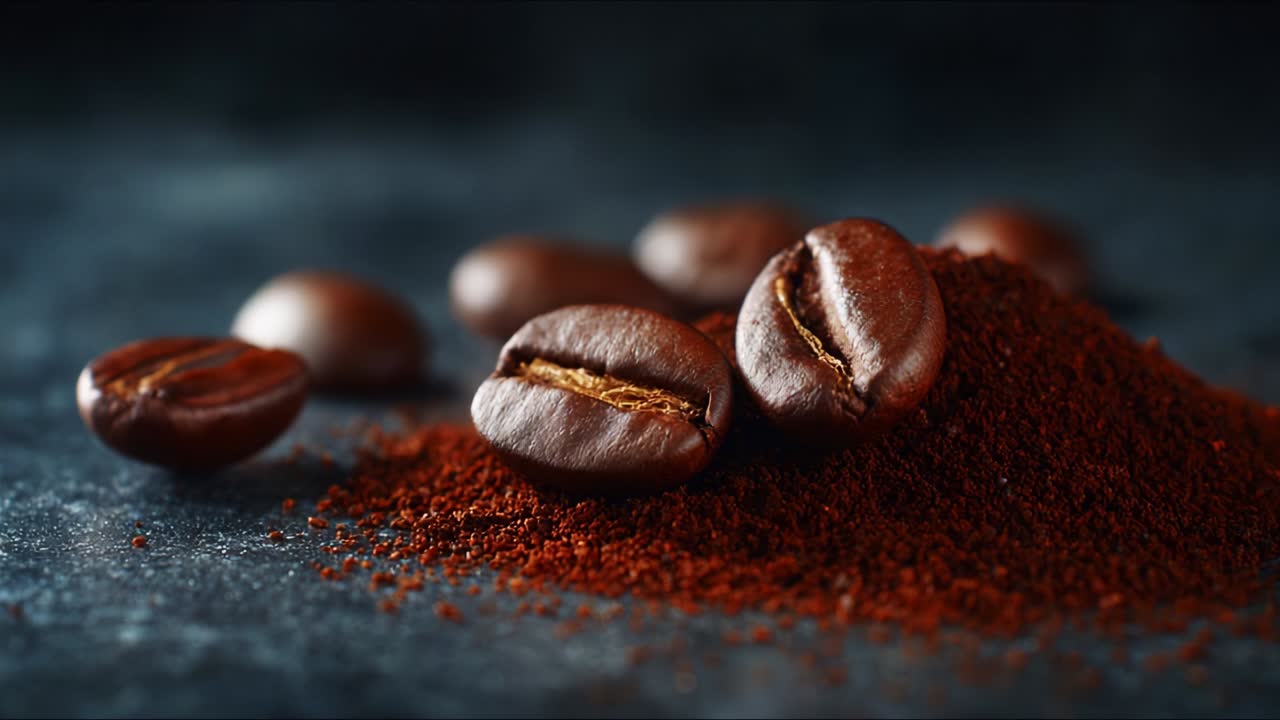 A Close-Up View of Freshly Ground Coffee Beans and Ground Coffee Pile, Capturing the Rich Aroma and Vibrant Colors of Coffee in a Dark, Artistic Setting Focused on the Details of Coffee Preparation