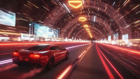 a futuristic car racing through a neon-lit tunnel at high speed captures the essence of adrenaline and technology in a stunning display of motion.