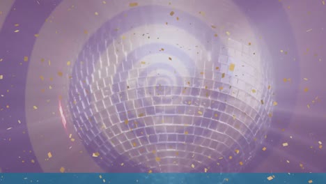 animación de una pelota de discoteca con confeti dorado en una espiral giratoria púrpura