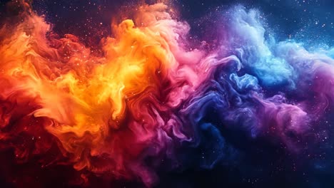 a colorful cloud of smoke with a yellow and orange section. the smoke is blue and purple. the colors are vibrant and the smoke is flowing