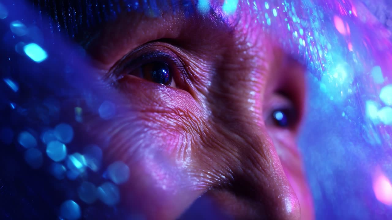 An Intimate Close-up of an Elderly Woman's Face Enveloped in Soft Light and Sparkling Textures, Capturing the Depth of Her Expression and the Wisdom of Her Years