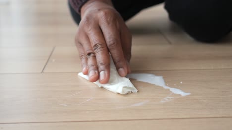 a person is wiping up a spill on a wood floor.