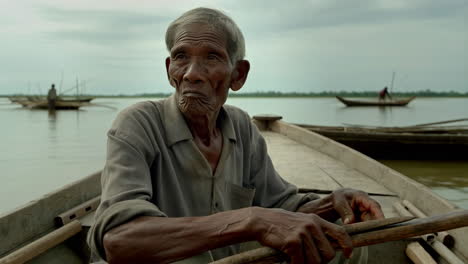 close-up of an elderly man in a traditional boat on a river