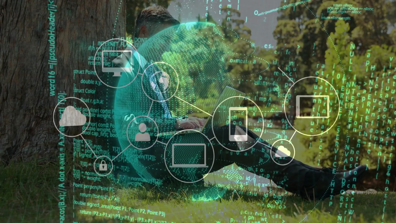 Male pro typing on laptop in park, initiating teal globe and green code visualizing cloud network