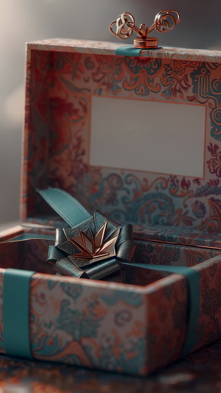 Vertical video: Opening gift box lid revealing ribbon sliding and lotus ornament shifting on table