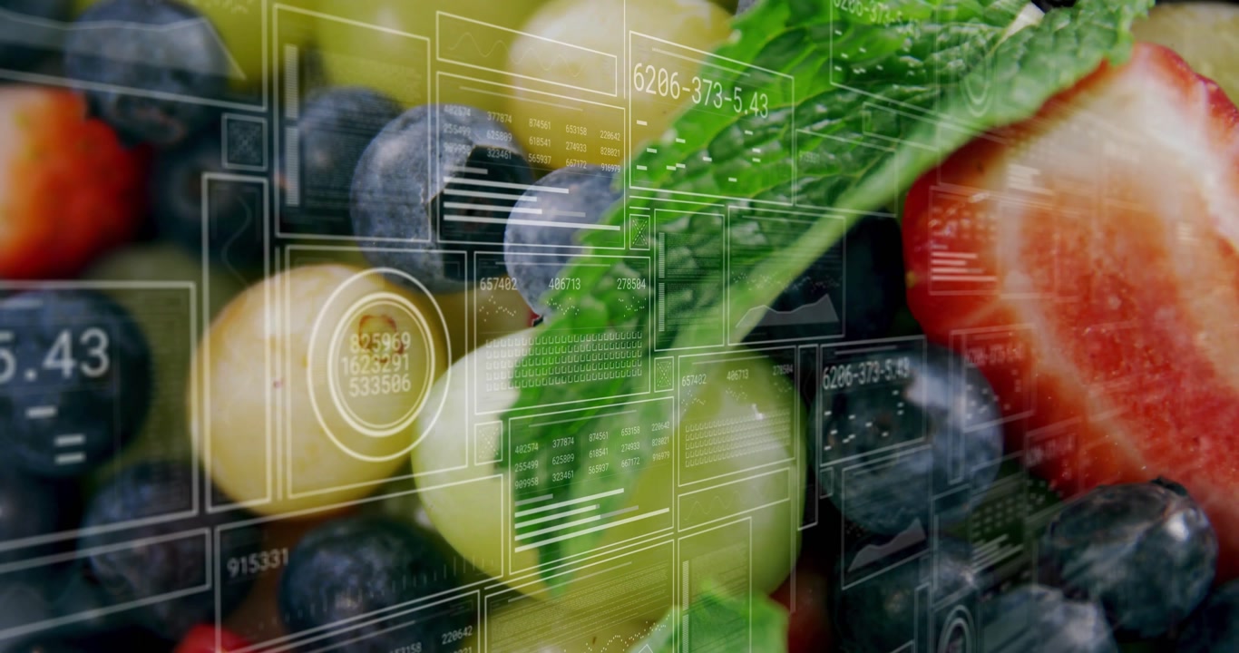 Fruit bowl reveal activating HUD panels fading over berries, updating numeric codes pulsing charts