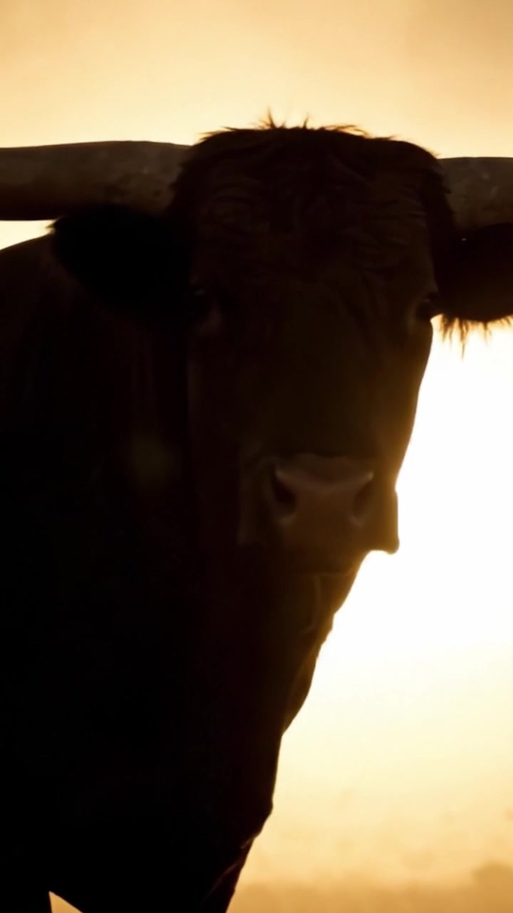 Maestosa silhouette di un toro possente contro un tramonto incandescente, che cattura la bellezza e la potenza della natura in una luce dorata.