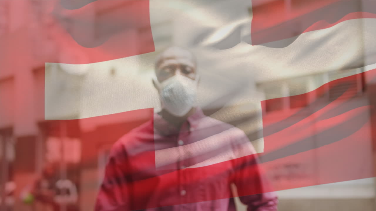 animación de la bandera de suiza ondeando sobre un hombre que usa una máscara facial durante la pandemia de covid-19