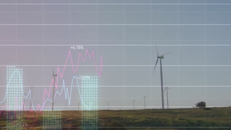 Animation-of-statistical-data-processing-over-spinning-windmills-on-grassland-against-grey-sky