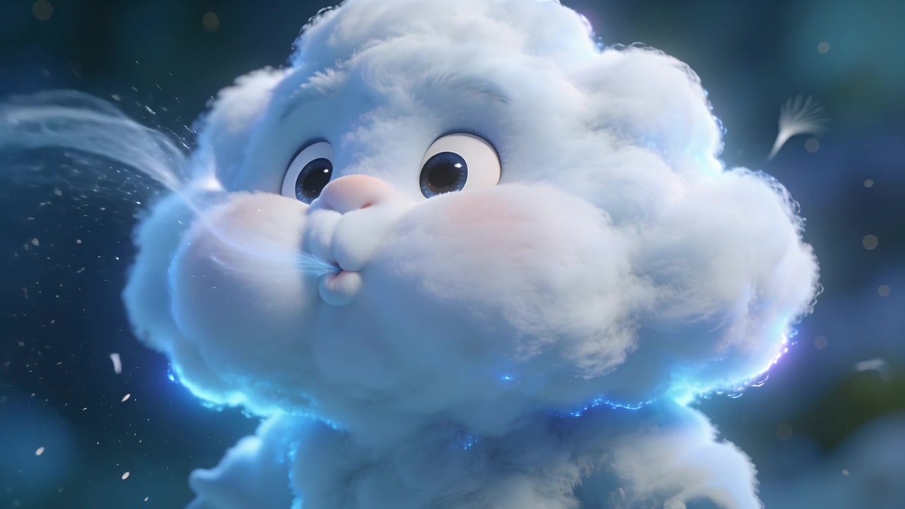 Awan lembut menggembungkan pipi, meniup embusan angin dalam jarak dekat saat senja, mengirimkan partikel cahaya tepi biru.