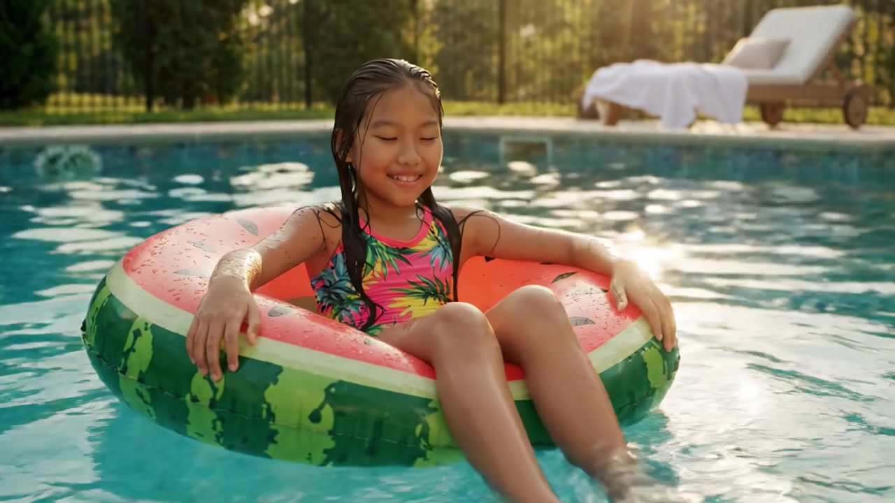 A Joyful Summer Afternoon: A Young Girl Relaxing on a Watermelon Inflatable in a Sparkling Pool, Embracing the Warm Sunshine and Serene Atmosphere.