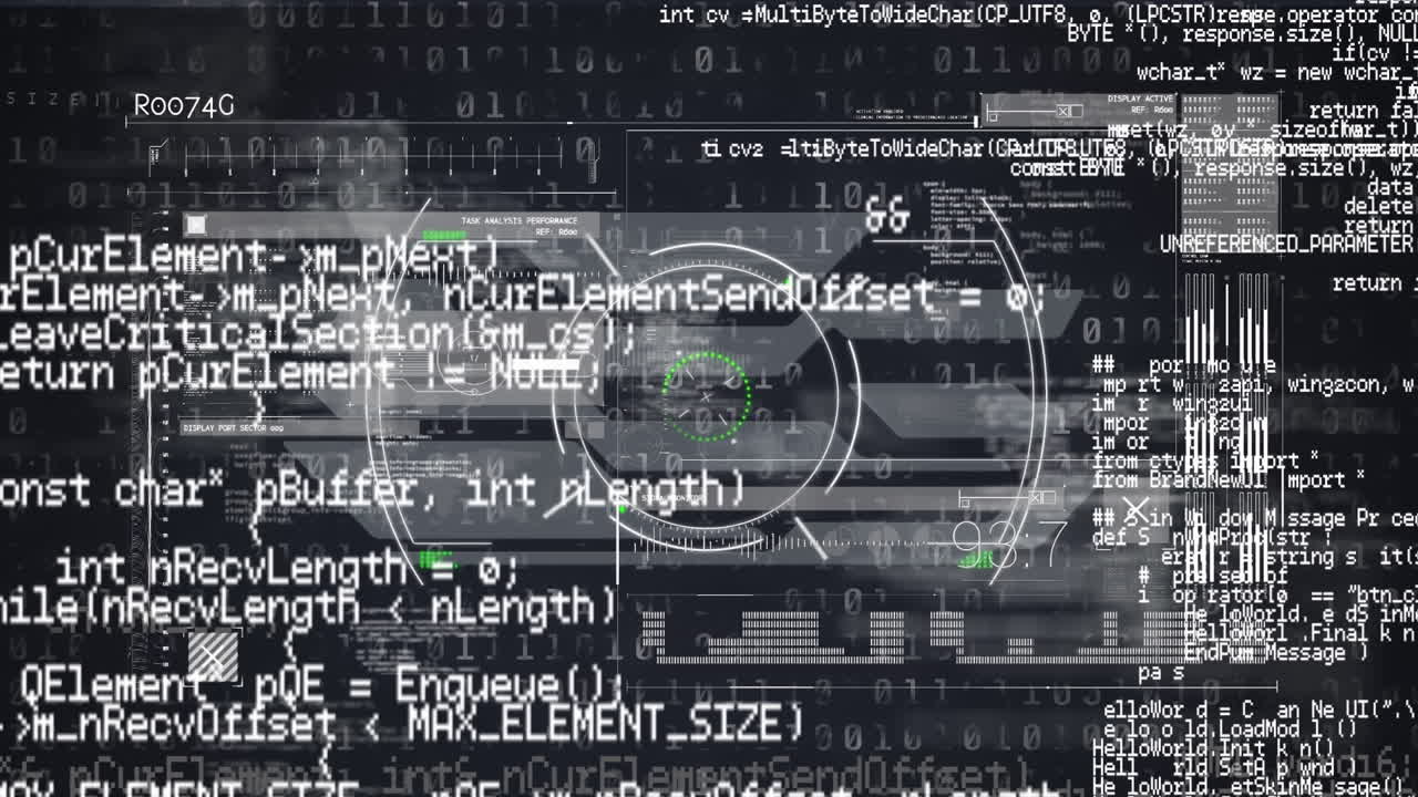Animation of scope scanning over data processing against black background