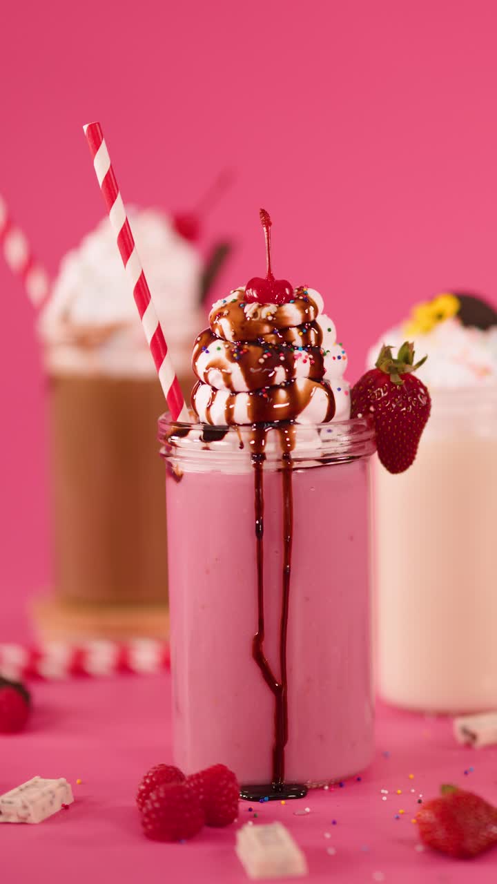 Una mano inserisce una cannuccia a strisce in un milkshake rosa alla fragola guarnito con panna montata, cioccolato e frutta