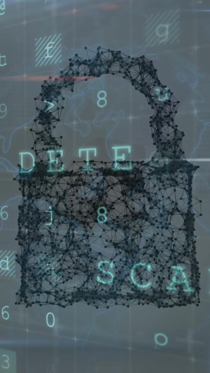 Animation of connected dots forming padlock over letters, numbers, symbols and texts in background