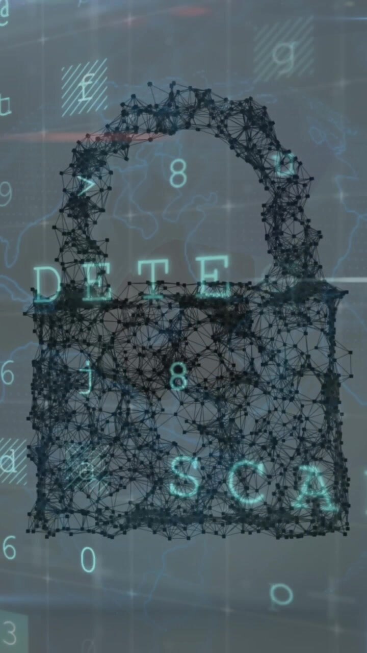 Animation of connected dots forming padlock over letters, numbers, symbols and texts in background