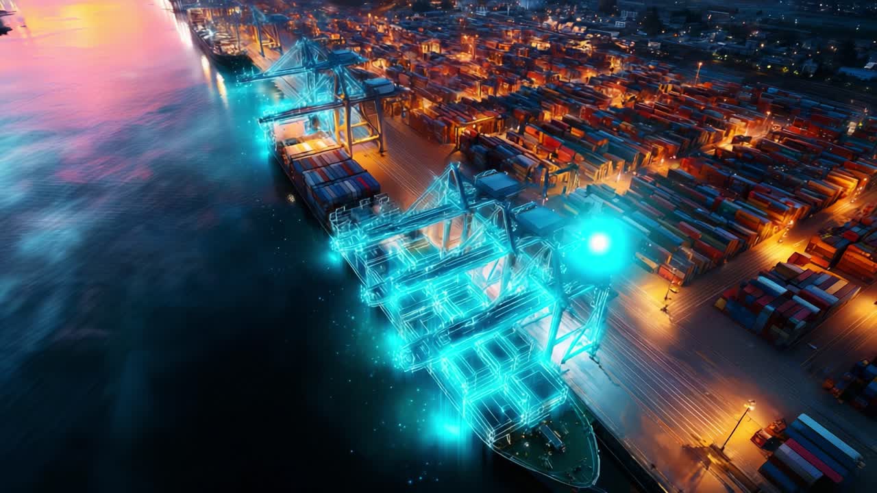 Aerial View of a Modern Shipping Port at Night, Showcasing Illuminated Cranes and Cargo Containers in a Vibrant Maritime Setting, Highlighting Advanced Technology and Operations