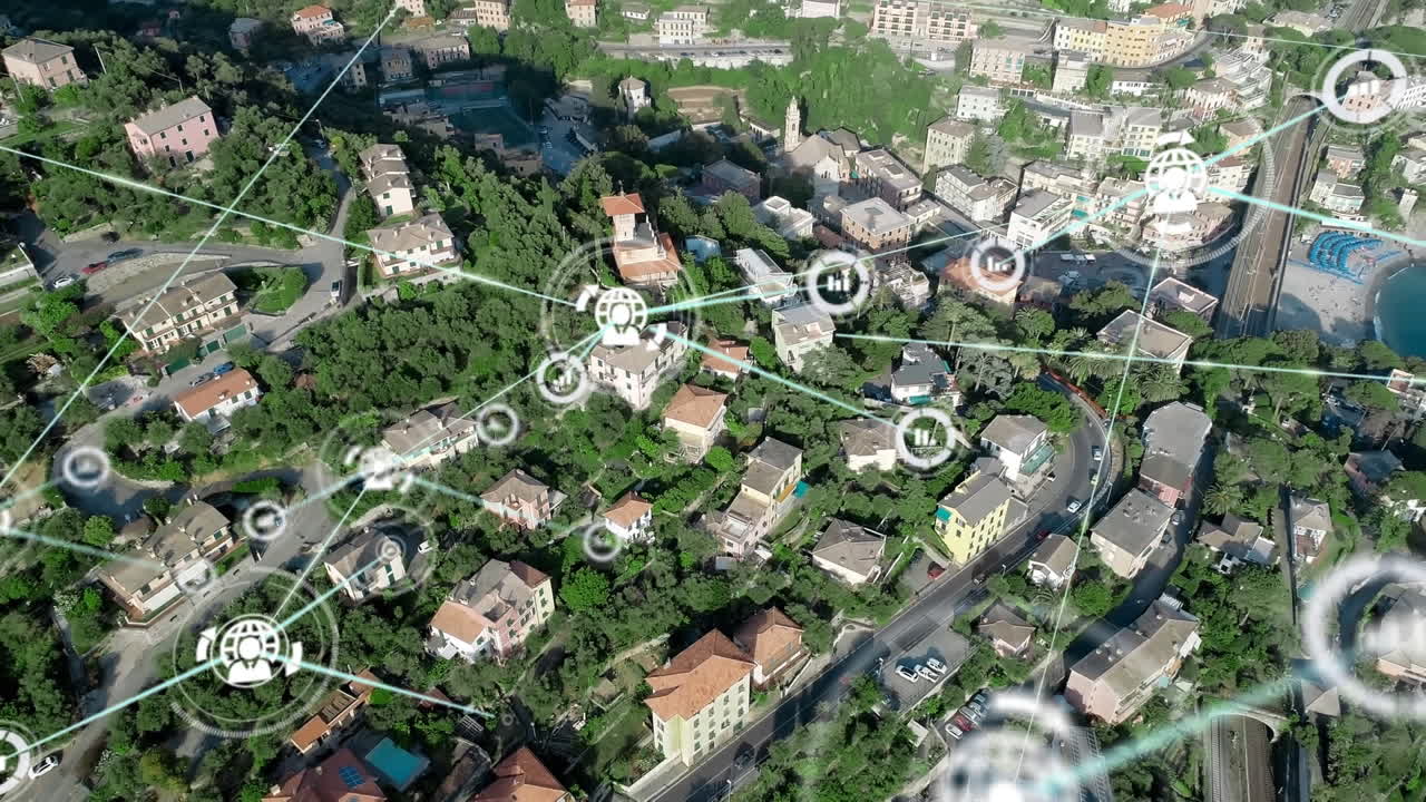 animación de la red de conexiones con iconos sobre el paisaje urbano