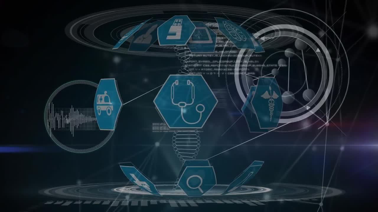 의학 아이콘 위에 회전하는 dna 가닥의 애니메이션, 파란색 배경의 과학 데이터 처리