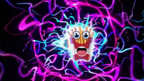 patatas fritas personaje de dibujos animados con expresión sorprendida, rodeado de luces de neón dinámicas que cambian de color, creando una atmósfera vibrante y lúdica