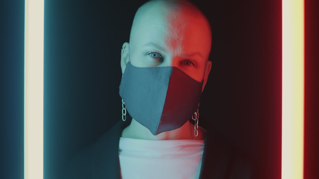 Woman in Neon Light with Mask