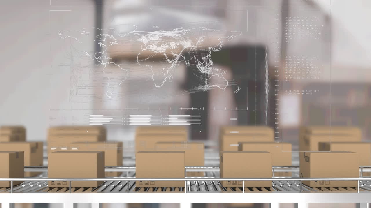 цифровой интерфейс с обработкой данных против нескольких коробк доставки на конвейерной ленте