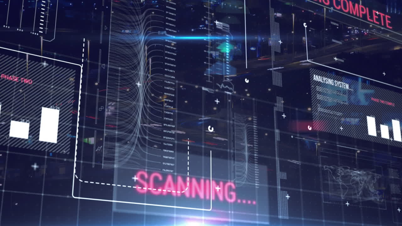 animación del lenguaje informático sobre gráficos, textos, mapas, barras de carga contra el lapso de tiempo de los vehículos.