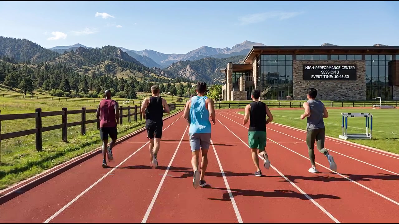 Gruppo di corridori che si allena insieme su una pista di atletica durante una sessione di fitness all'aperto.