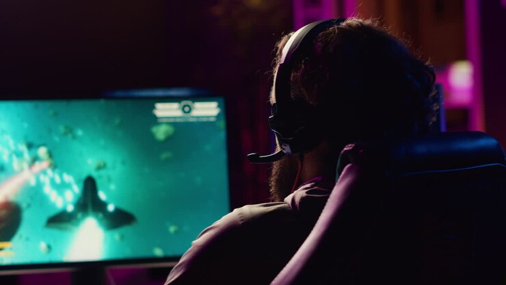 Gamer che chatta con i compagni di squadra mentre naviga nell'universo in un gioco coop.